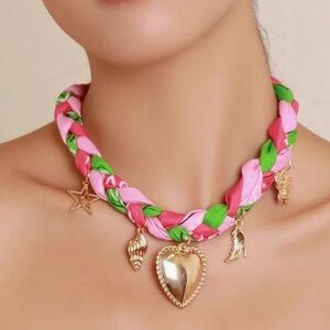 Anthropologie Pink and Green Braided Necklace with Gold Charms